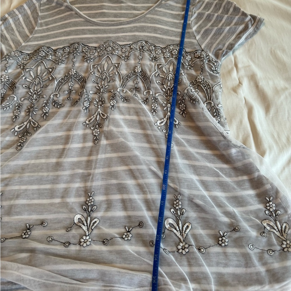Maurices Gray and White Striped Embroidered Scoop Neck Top with mesh overlay - Picture 6 of 8